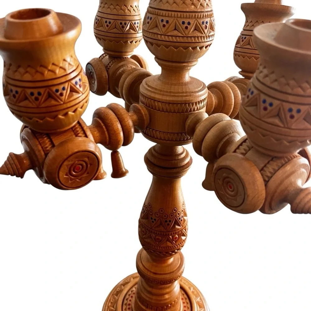 Large 14” Scandinavian German Turned Wood Beaded 5 Arm Candelabra